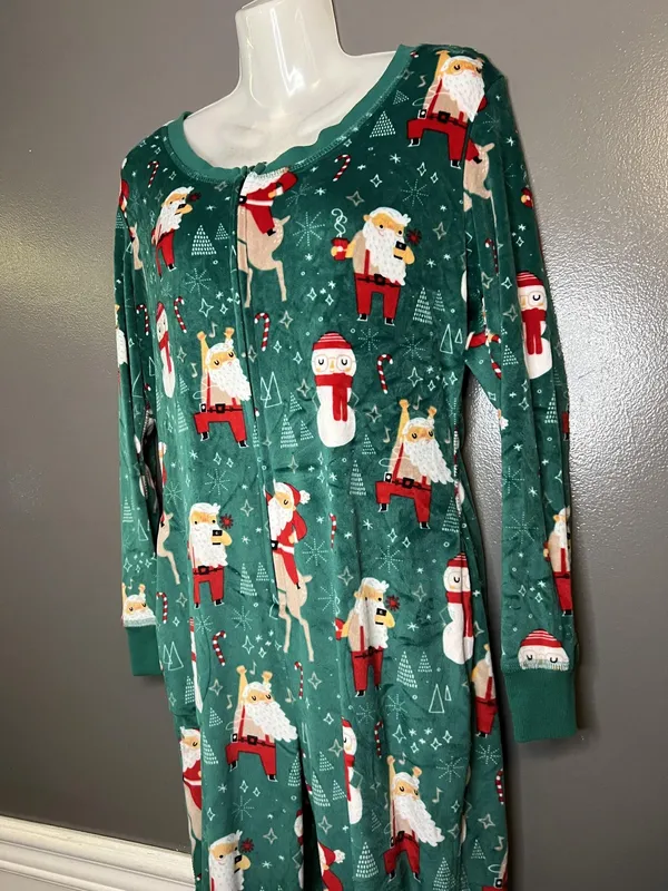 Xhilaration One-piece Pajamas Womens XS/S Green Christmas Santa Reindeer Zip - Image 4