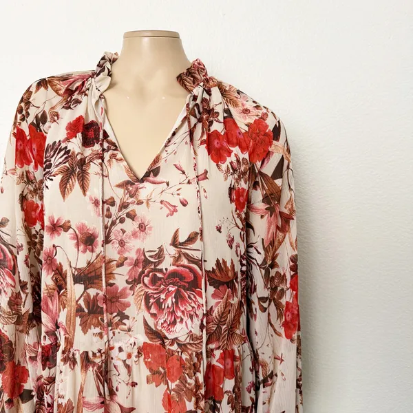[H&M] Pink Floral Print V-Neck Tiered Chiffon Balloon Sleeve Mini Dress Size 6 - Image 6