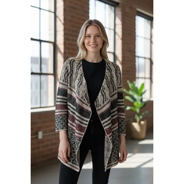 Lucky Brand Open Front Cardigan Sweater Knit‎ Bohemian Style Striped - Image 2