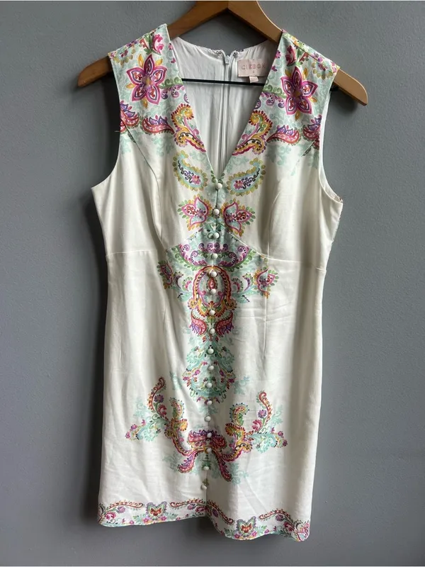Anthropologie Ciebon White Embroidered V-Neck Shift Dress Floral Sleeveless Sm - Image 4
