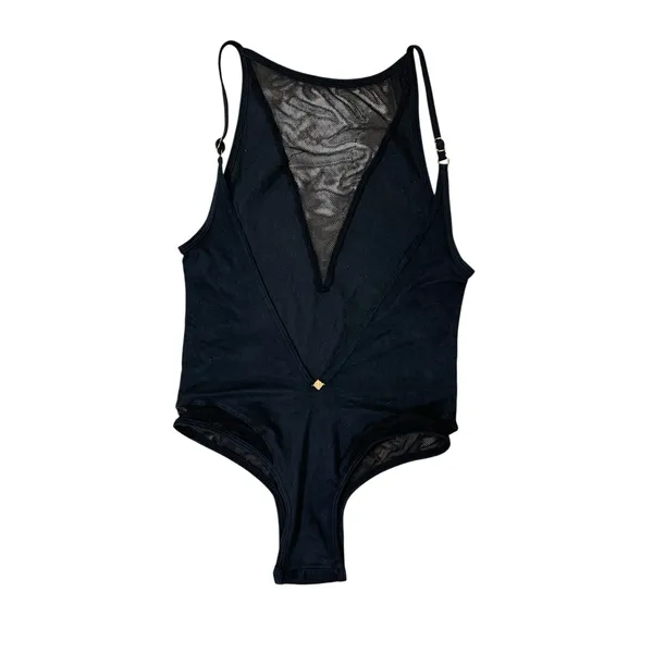 Les Coquines Black Mesh Bodysuit Womens Small Sheer Deep V Sleeveless - Image 3