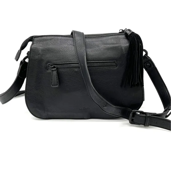 La Diva Crossbody Bag Black Suede Leather Tassel Minimalist Indie Urban‎ Edgy - Image 2