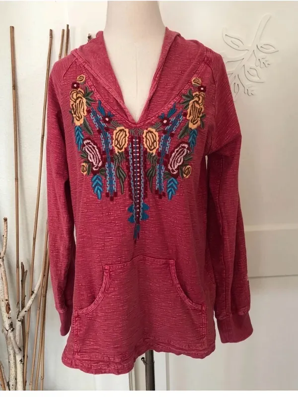 Avani del Amour xl boho hooded cotton embroidered top pink red - Image 4
