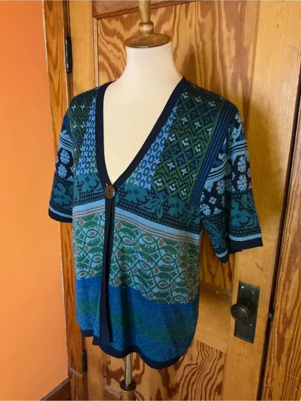 Coldwater Creek USA Mixed Pattern Cardigan Blue Green Rayon Knit Boho Sweater - Image 6