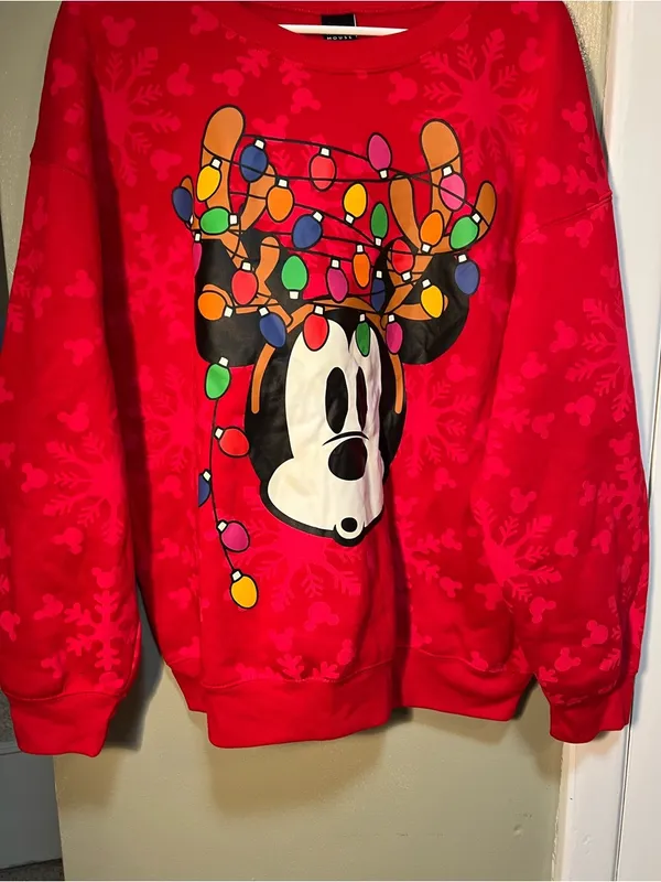 Disney Mickey Mouse Sweatshirt Red‎ Reindeer Tangled Lights Christmas XL 15-17 - Image 3