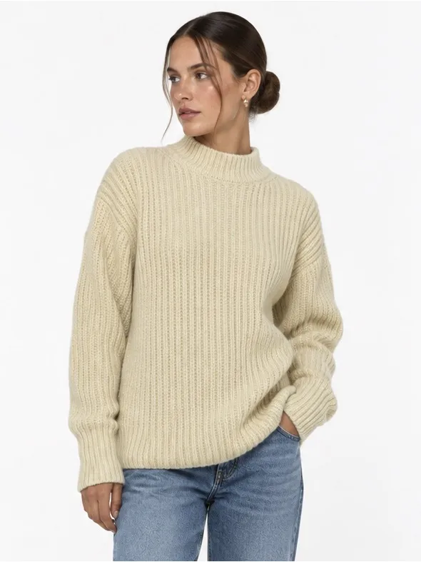 Zara Cream Chunky Knit Mock Neck Sweater Womens Medium Ribbed Pullover - Image 4