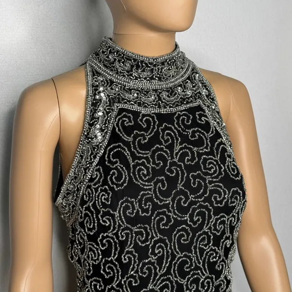 Vintage 1980s Papell Boutique Black Silver Beaded Silk Evening Top Small - Image 2