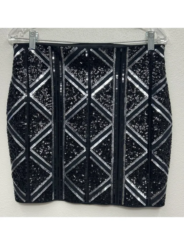 Express Sequin Mini Skirt Medium Black Silver Stretch Pull On Holiday Party Club - Image 2