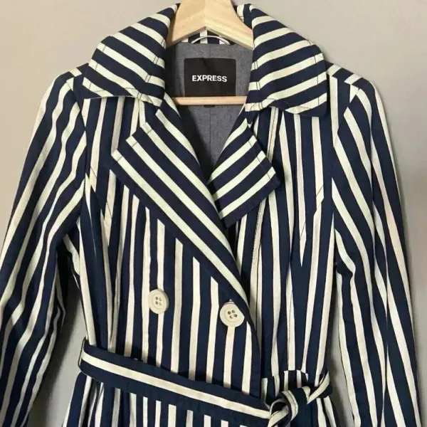 Express Women's S Blue White Striped Pleated Back Trench Coat Size Small Preppy‎ - Image 2