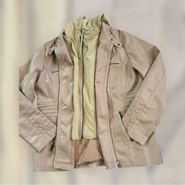 Tanming Women's Removable Hooded Faux Leather Jackets in Apricot/Tan - Image 2