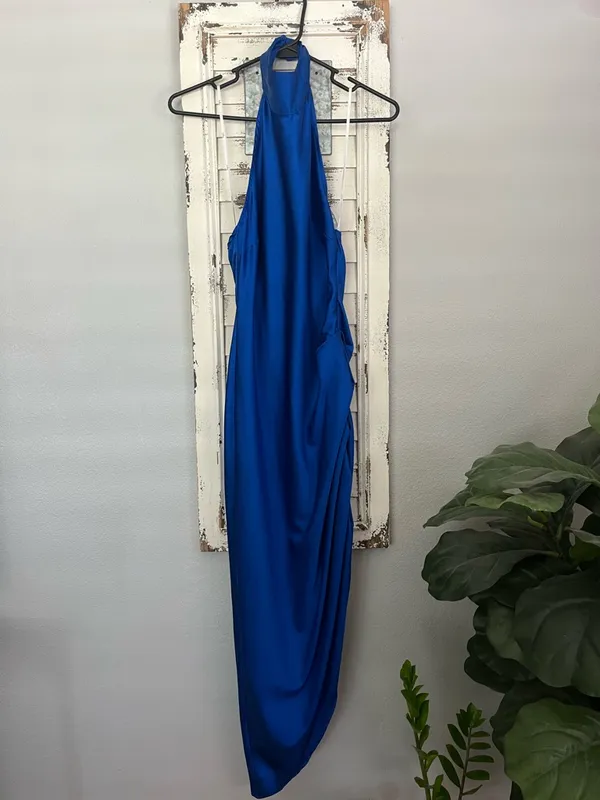 Lulus Regal Sensation Royal Blue Satin Asymmetrical Halter Midi Dress size xs/s - Image 4