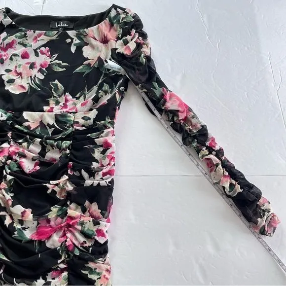 Lulus Ayana Black Pink Floral Ruched Mesh‎ Bodycon Dress SMALL - Image 11