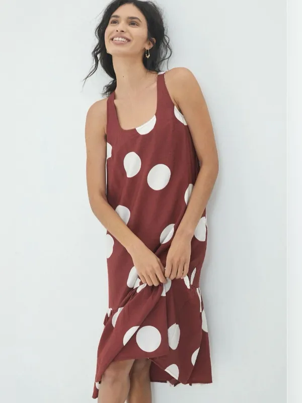 Anthropologie Michaela Flounced Merlot brown W white PolkaDot Dress flowy midi S - Image 3
