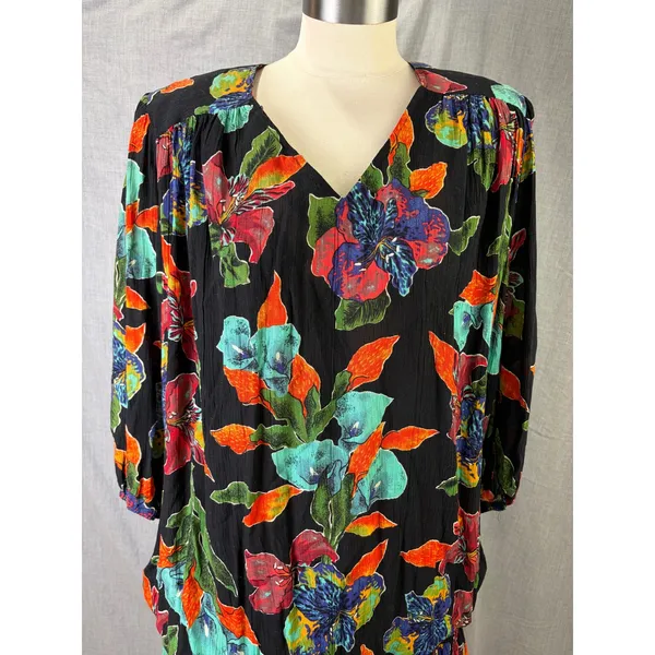 Vintage Sharon Anthony Black Floral Drop Waist Dress Made‎ in USA 16W 80s - Image 2