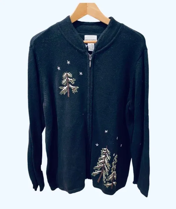 Vintage Christmas Sweater Cardigan Zip Trees 1X Embroidered Black Green - Image 5