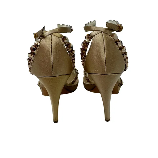 Prada Jeweled Satin Ankle Strap Heels Gold Bow Embellished Sandals 37 - Image 6