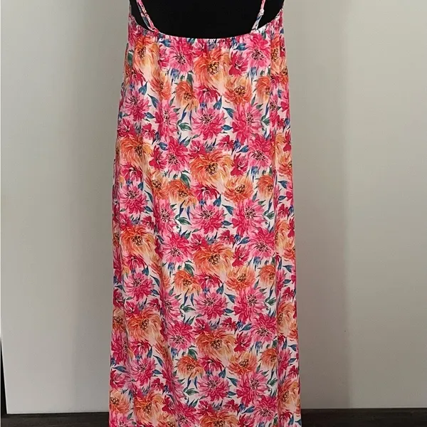 Pink Lily Floral Maxi Slip Dress Pink Orange Adjustable Strap Side Slit V-Neck M - Image 5
