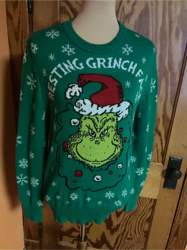 The Grinch Resting Grinch Face Christmas Ugly Sweater Green Medium Dr Seuss - Image 8