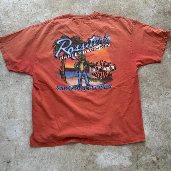 Vintage 2006 Y2K Sarasota, Florida Harley Davidson orange and black pocket tee - Image 5