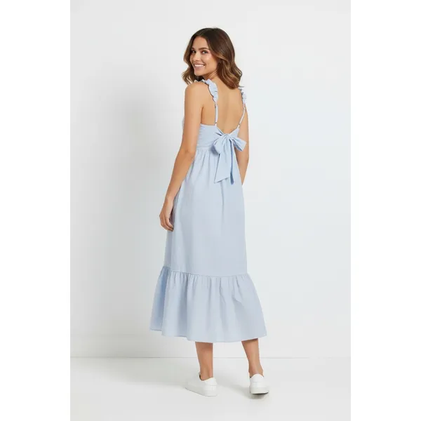 Time and Tru Womens Midi Dress Sz M Blue Ash Stripe Ruffle Strap Tie Back Flowy - Image 5