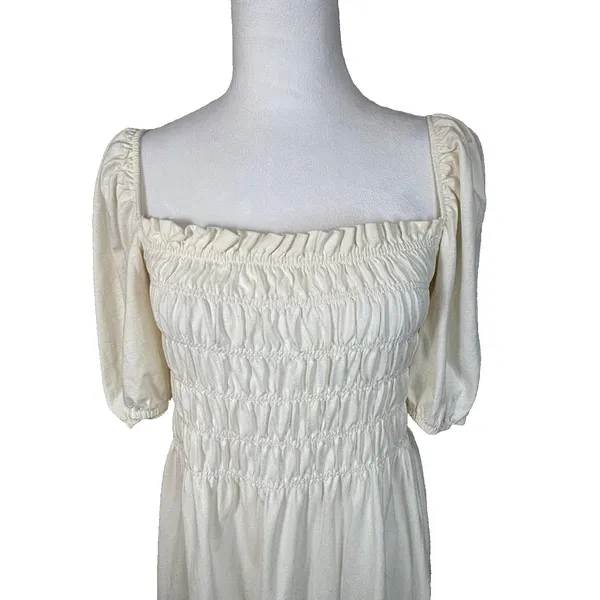 H&M Ivory Puff Sleeve‎ Smocked Cotton Midi Dress Sz S Milkmaid Cottagecore Romantic - Image 9