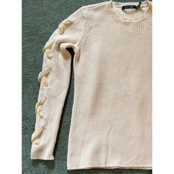 Lauren Ralph Lauren Sweater Womens Size S Ivory Rib Knit Ribbon Sleeve Cotton - Image 4