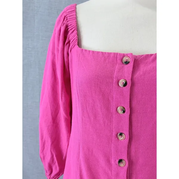 L*Space Bright Pink Puff Sleeve Square Neck Button Front Mini Dress‎ M - Image 4