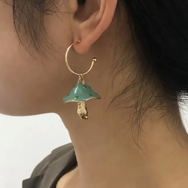 NEW Dotted‎ Mushroom Gold Metallic Earrings Mushrooms Dangle Dangling Teal Green - Image 2