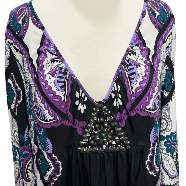 ECI Y2K Babydoll Tunic Dress L Purple Paisley Studded Top Fairy‎ Whimsygoth Boho - Image 4