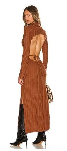 NWT L'Academie Revolve Arina Brown Maxi Sweater Dress Large Knit Open Back - Image 2