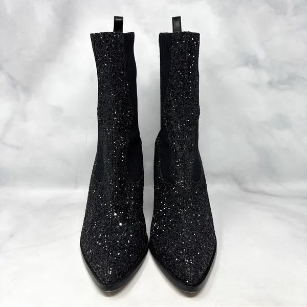 Jimmy Choo Mele Glitter 85 Chelsea Stretch Knit Block Heel Ankle Boots Black 36 - Image 6