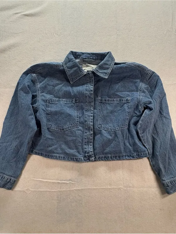 Ultra Flirt Denim Overshirt Women’s Large Cropped Blue Snap Front Shirt Jacket - Image 7
