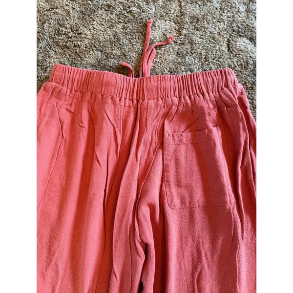 TARSE Coral Pink Linen Rayon Blend Wide Leg Drawstring Pants Resort Wear - Image 5