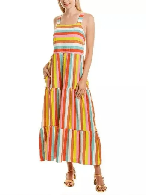 J. Crew Rainbow Striped Tiered Maxi Dress Colorful Summer Beach Sundress Vacay - Image 2