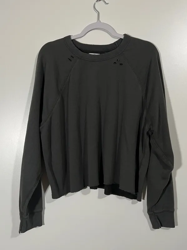 Aerie Distressed Cropped Crewneck Sweatshirt Dark Gray Size XL Grunge - Image 2