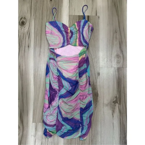 Black Bead Ruched Cut Out Swirl Print Dress Rainbow Women’s Small - Image 2