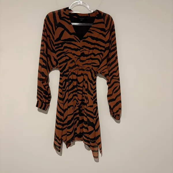 ALL SAINTS Nichola Zephyr Tiger Toffee Brown Black Long Sleeve‎ Midi Dress XS - Image 2