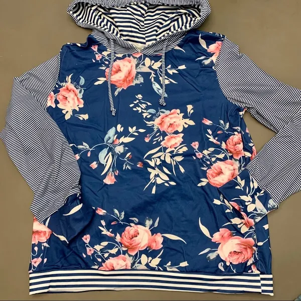 Blue Pinstripe & Floral Hoodie - Image 8