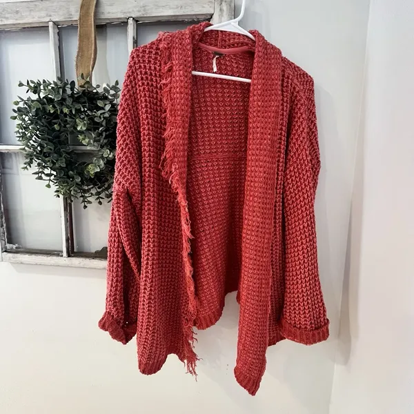 Free‎ People I'll Be Around Silk Cotton Waffle Fringe Sweater Oversized Small - Image 4