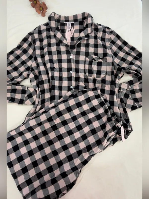 Victoria's Secret Black and pink Plaid Button-Down Pajama Set - Image 2