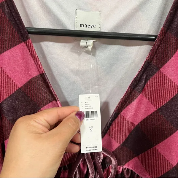 Nwt Anthropologie Maeve Velvet Babydoll Puff Sleeve Blouse Top Pink Plaid S - Image 4