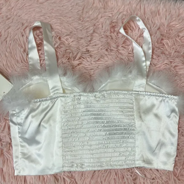 Meraki White Satin Feather Trim Crop Top Size S Bustier Corset Style Adjustable - Image 2