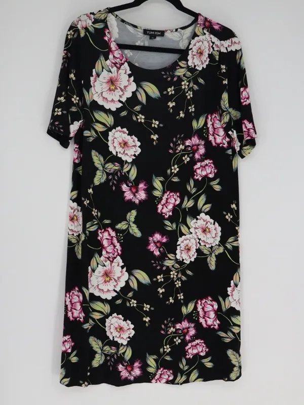 Yumi Kim Floral Dress XL Black Pink Multicolor Short Sleeve Stretch Mini Stretch - Image 2