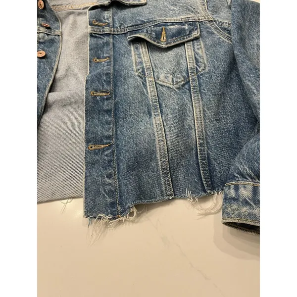 Free People Distressed Denim Jacket Cut-Off Frayed Edge Cropped Oversized sz S - Image 5