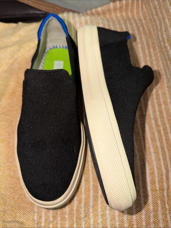 Rothy's M 7.5 W 9 Black Slip-On Loafers with White Sole and Blue Heel Accent - Image 4
