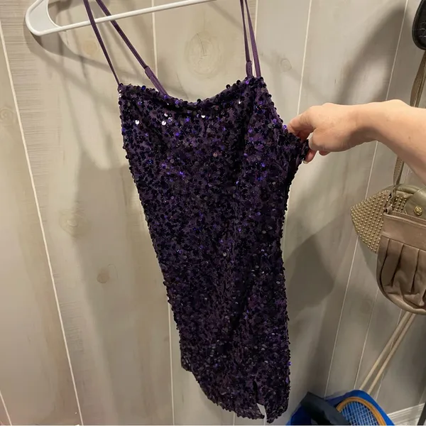 Cute NWT purple sequin stretchy corset back mini dress sexy club prom coquette - Image 8