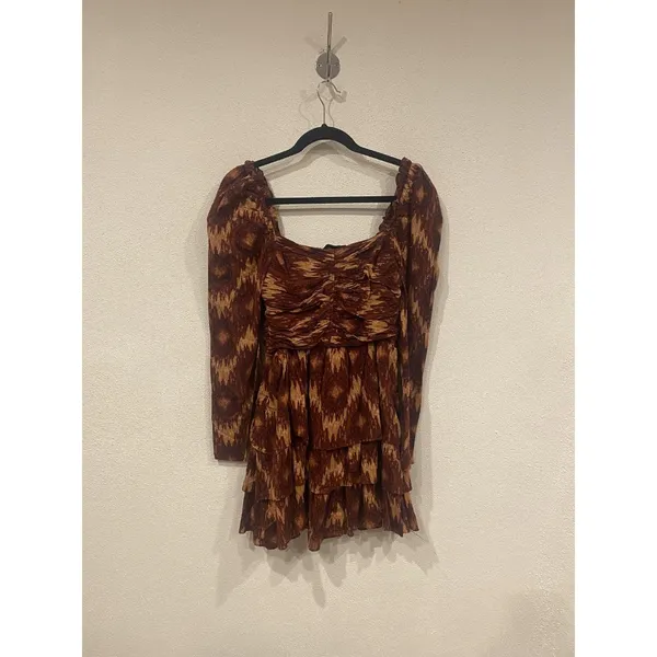 House of Harlow 1960 Dress Womens Medium Brown Ikat Print Long Sleeve Mini Boho - Image 4