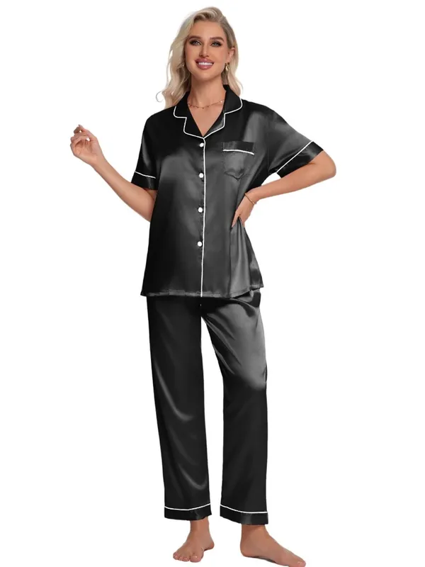 Women's Satin look/ feel Pajama Set - Black with White Piping - Image 4