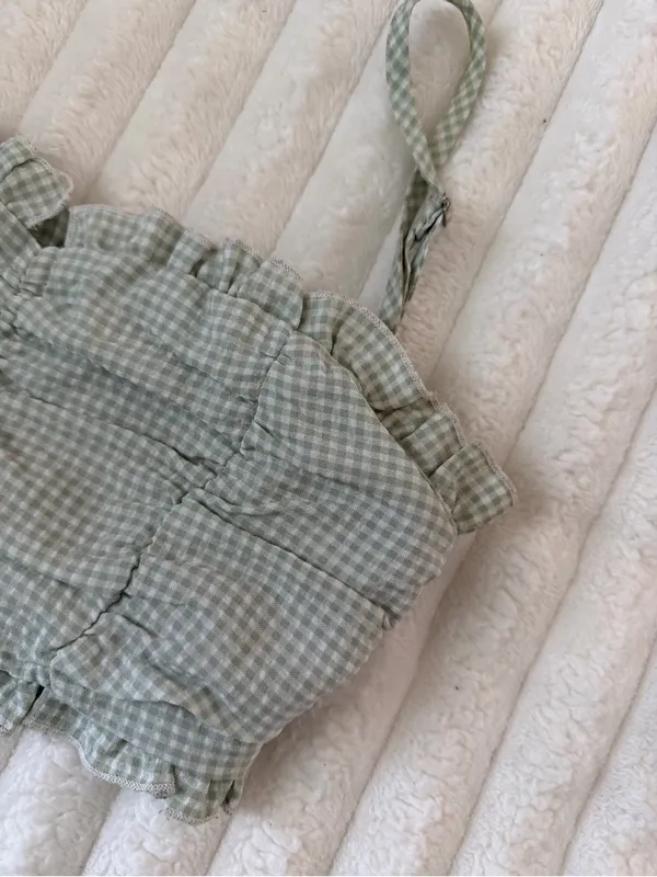 Princess Polly Sage Green Gingham Ruched Crop Top - Image 3