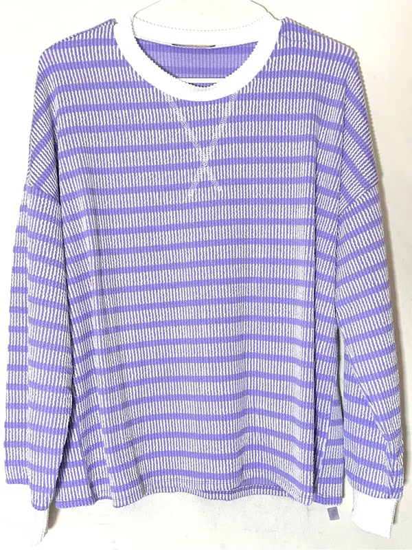 Zenana Raised Rib Striped Pullover & Wide Leg Pants Set Womens Lavender Sz Small - Image 3